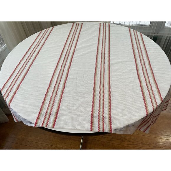 Vintage 70s mesh curtain, white, brown striped net woven panel, rod header - Picture 1 of 9